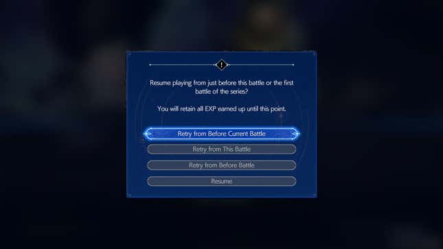 Final Fantasy 7 Reborn's menu screen shows different options for resetting the battle.